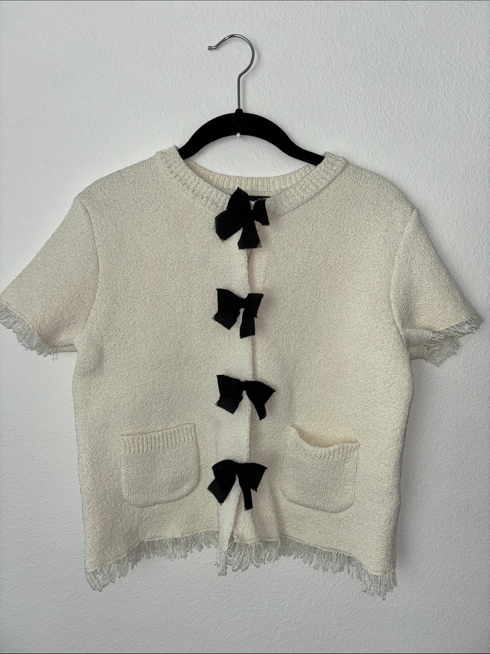 Zara Cream Short-Sleeve Knit Cardigan with Black Bows